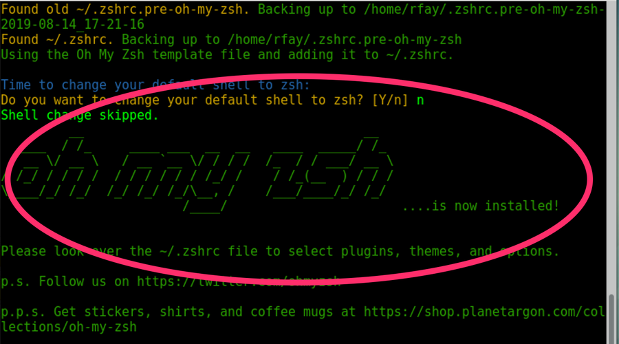 Screenshot of a terminal window, with emphasis on “oh my zsh is now installed!”