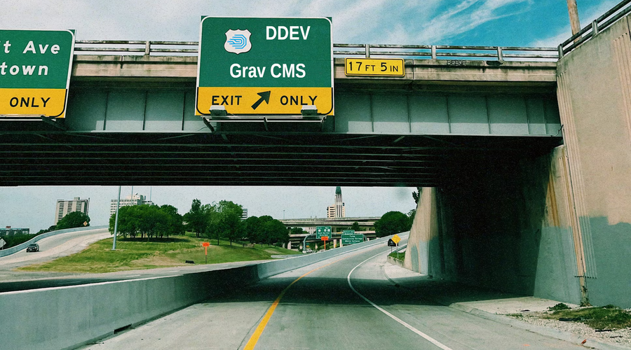Road exit sign with "Grav CMS" text. Original image by Skyler Smith at Unsplash.com